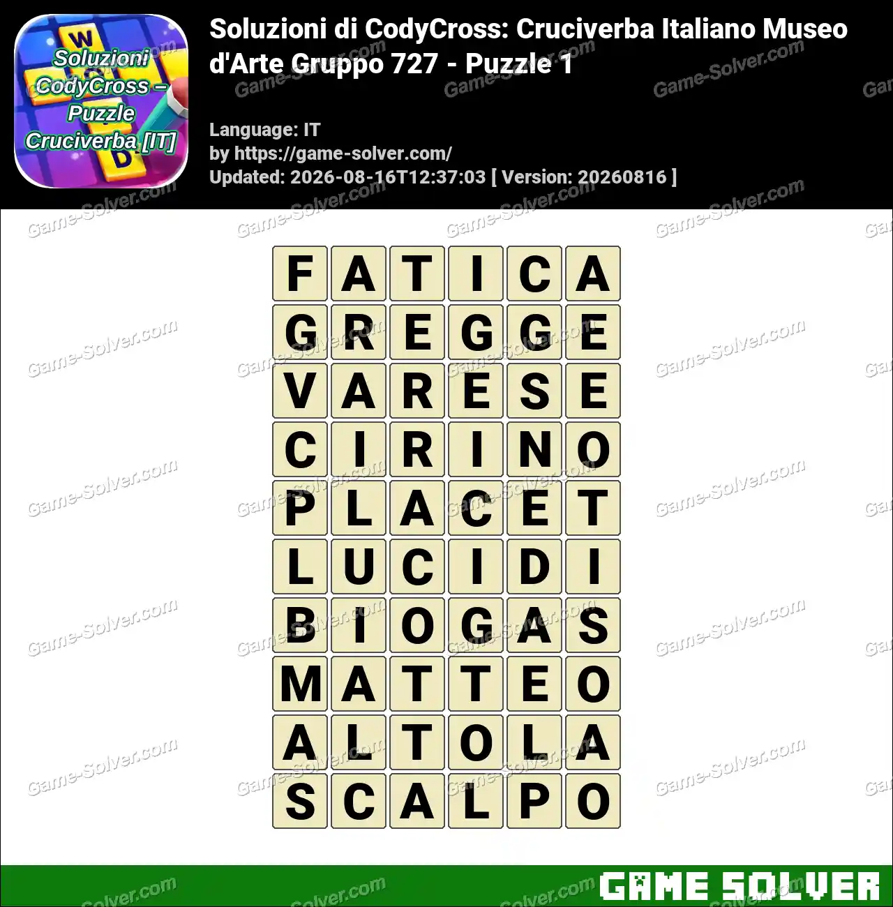 Soluzioni di CodyCross: Cruciverba Italiano Museo d’Arte Gruppo 727 – Puzzle 1